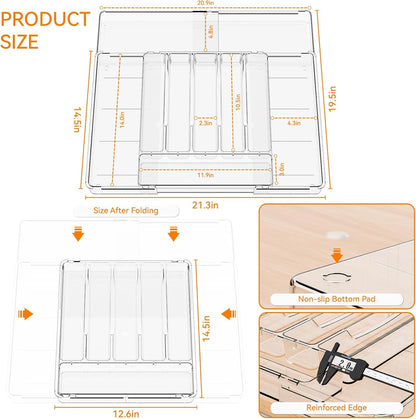Yieach Acrylic Clear Expandable Kitchen Utensil Drawer Organizer and Silverware Organizer,BPA FREE Adjustable Silverware Tray for Drawer Cutlery,Spatula,Tools,Flatware Organizers,Fork and Spoon Holder