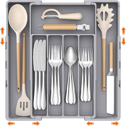 Lifewit Silverware Drawer Organizer, Expandable Utensil Tray for Kitchen, BPA Free Flatware and Cutlery Holder, Adjustable Plastic Storage for Spoons Forks Knives, 4-7 Slots, Black