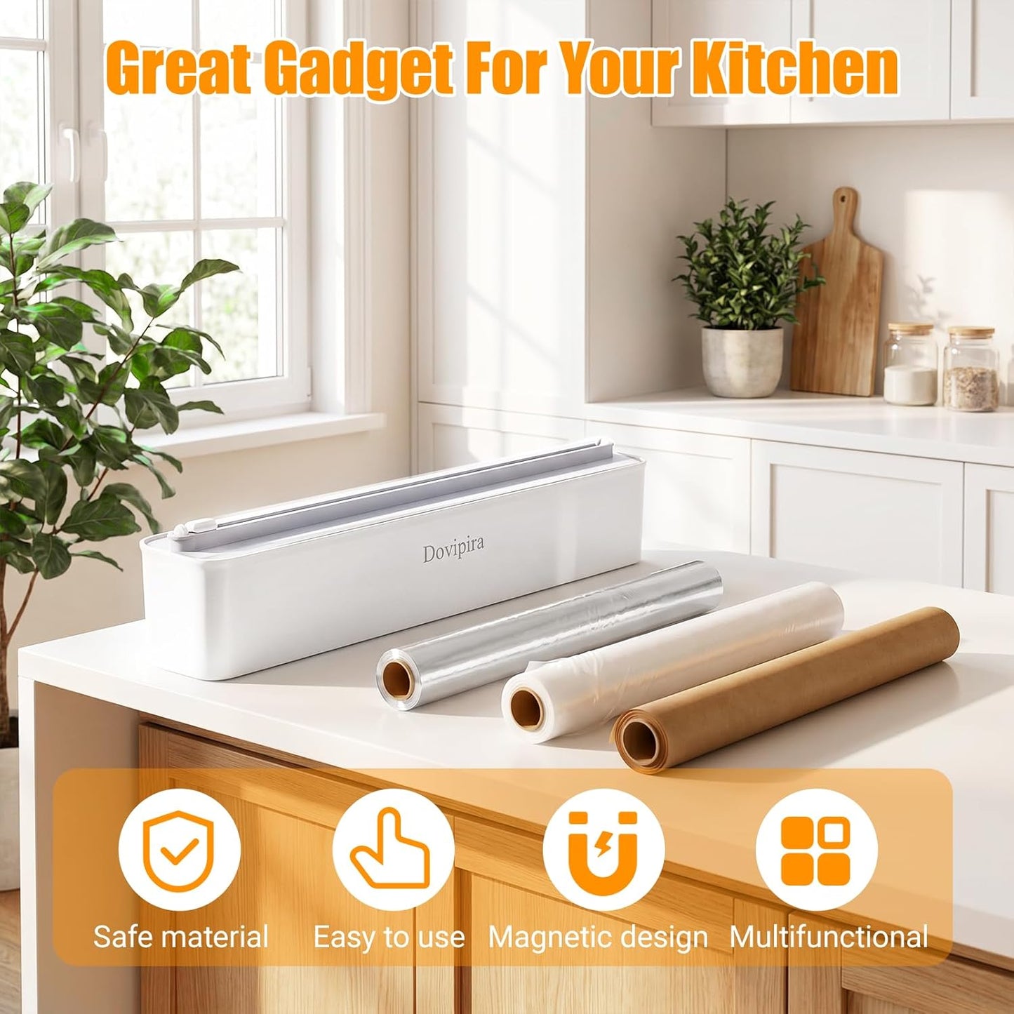 Magnetic Plastic Wrap and Foil Dispenser with Cutter, Upgrade Large Size Fits Max 12.8In x 984Ft Cling Film, Adhesive Wall Mounted Aluminum Foil and Wrap Organizer Holder for Kitchen