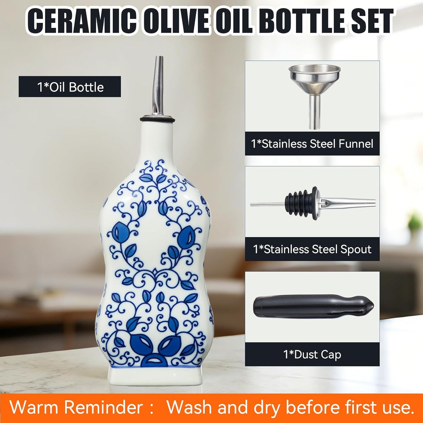 20oz Vintage Ceramic Olive Oil Dispenser Bottle, Gourd Shape Blue and White Porcelain Oil Bottle with Spout and Funnel,Drip-Free Cruet, for Oil, Vinegar, Soy Sauce, Coffee Syrup, Liquids