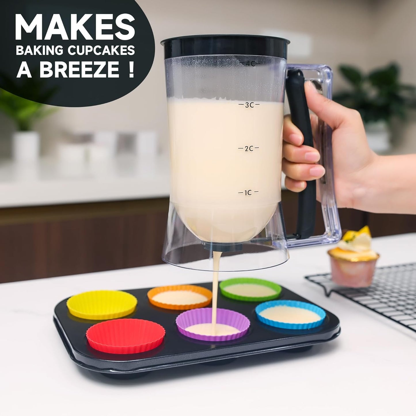 FUNGYAND Pancake Batter Dispenser, 4-Cup Set with Muffin Rings & Spatula - Ideal for Pancakes, Cupcakes, Waffles, and Muffins, Easy Squeeze Handle