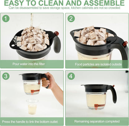 Fat Separator with Bottom Release and Oil Strainer Gravy Separator 4 Cups or 1000ml Fat Strainer Measuring Cup Plastic Soup Oil Separator Fat Skimmer for Gravy Sauces and Other Liquids Black