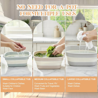 3 Set Collapsible Colander and Sink Basin 2-4-8 Qt Dish Pan and Strainer Set with Drain Holes 2-in-1 Foldable Fruit Vegetable Washing Basket for Kitchen Camping Travel (Green, Pink, Gray)