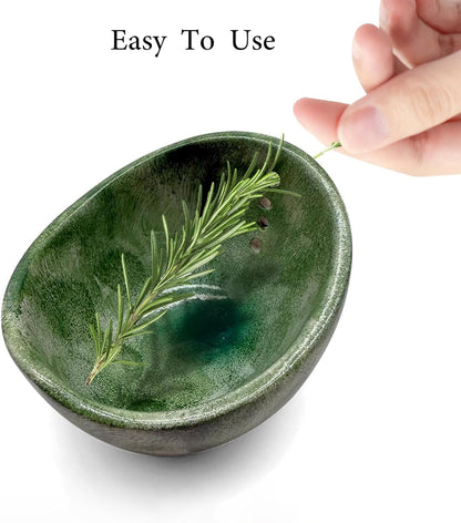 2pcs Pottery Herb Stripper Bowl (Green+White),Handmade Ceramic Herb Stripper with Different Sizes of Round Holes,Kitchenware for Efficient Leaf Stripping