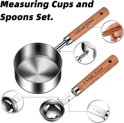 Wooden Handle Measuring Cups & Spoons Set 8-Piece – Stainless Steel, Stackable, Rustic Farmhouse Kitchen Gadgets, Non-Toxic, Dishwasher Safe, Gift for Bakers & New Homeowners