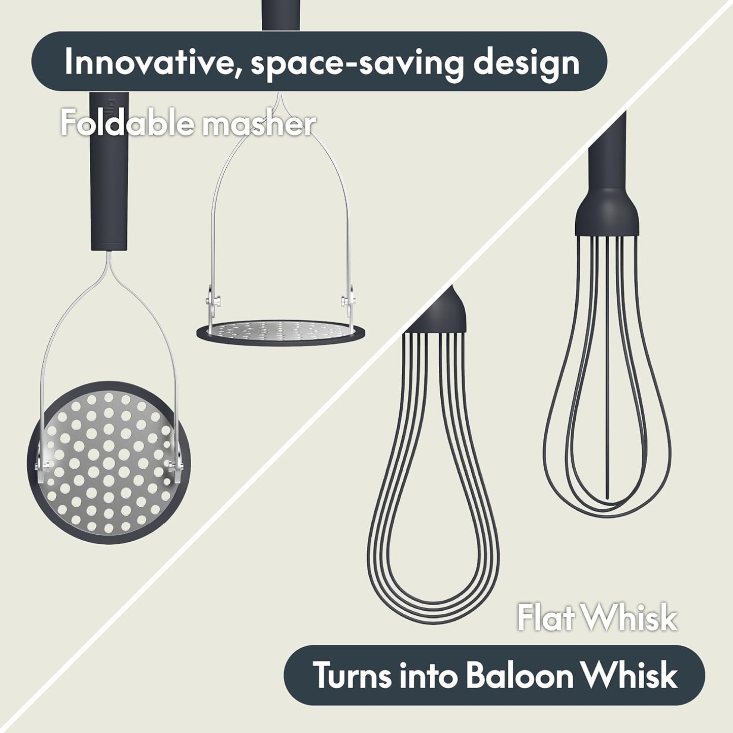 bella 2-Piece Compact Masher and Whisk Set, Fold Flat, Stainless steel and silicone, Foldable Masher, Ballon Whisk, Flat Whisk, Non-stick, Nonslip, Heat safe to 425°F, Oatmilk