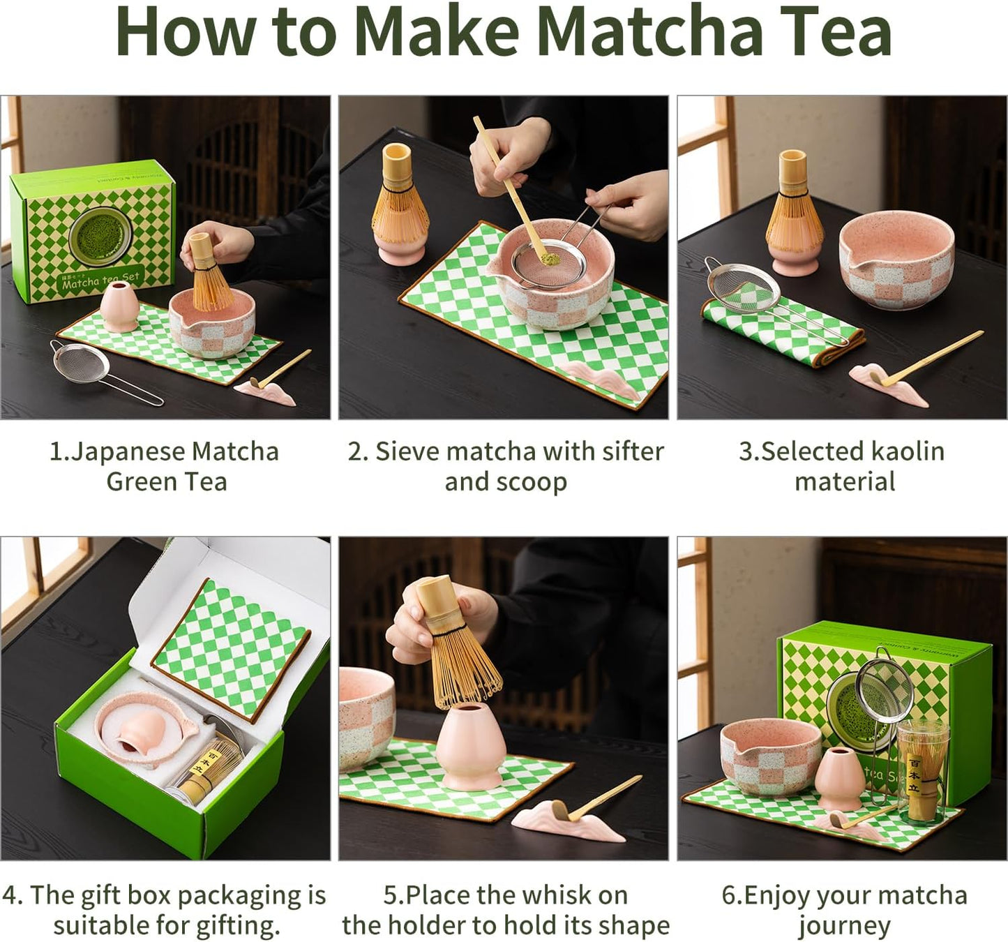 Premium 7-Piece Matcha Tea Set – Traditional Japanese Style with Elegant Grid Pattern, Includes Bamboo Whisk, Ceramic Bowl, Scoop & More – Perfect for Matcha Lovers & Tea Ceremony (Orange grid)
