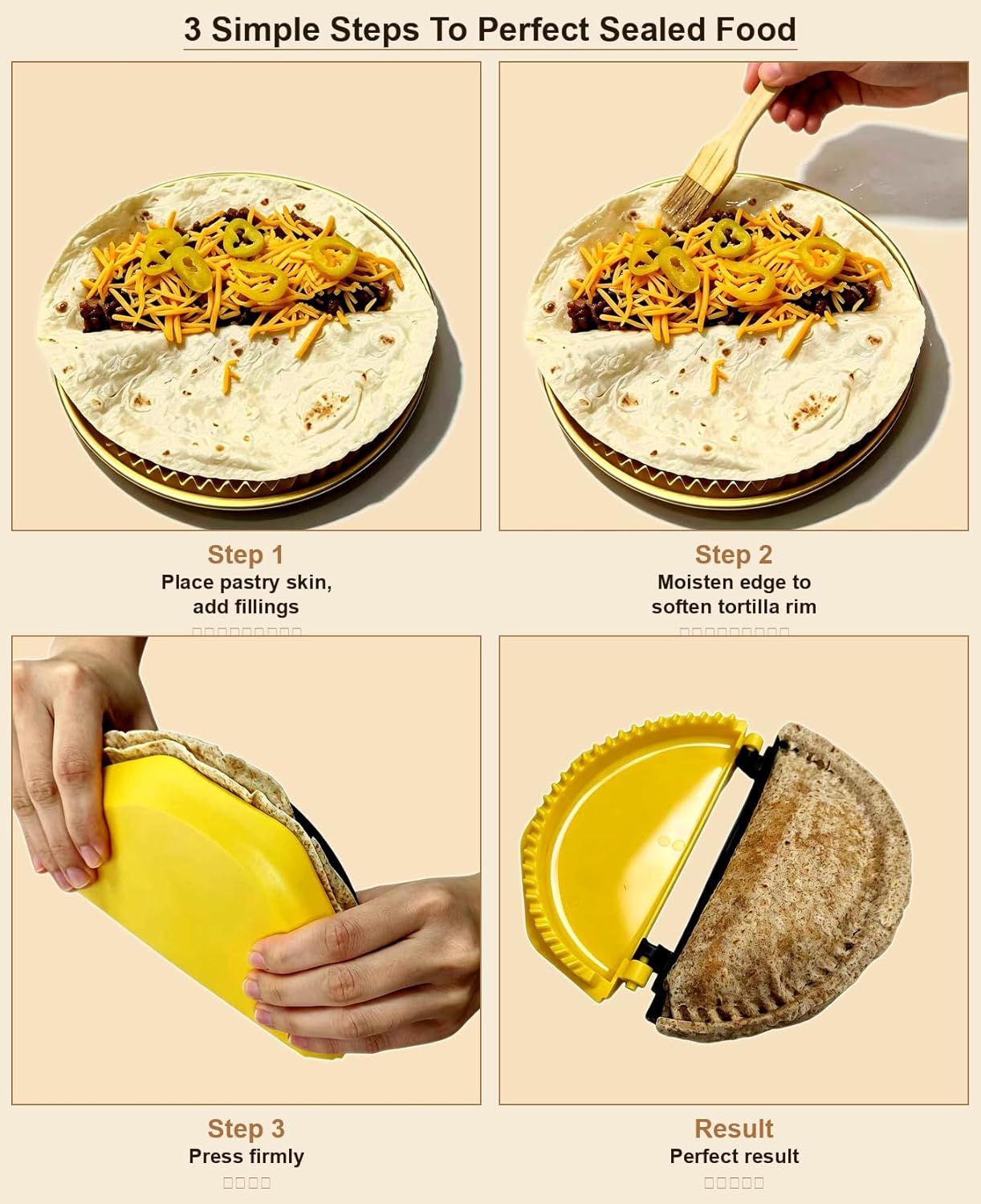 4-in-1 Nesting Tortilla Sealer & Crimper | 4/6/8/10-inch Sizes for Tortilla Wraps, Quesadillas, Burritos, Tacos, Dumplings & More | BPA-Free, Seal, Easy to Store, Dishwasher Safe, Yellow & Black
