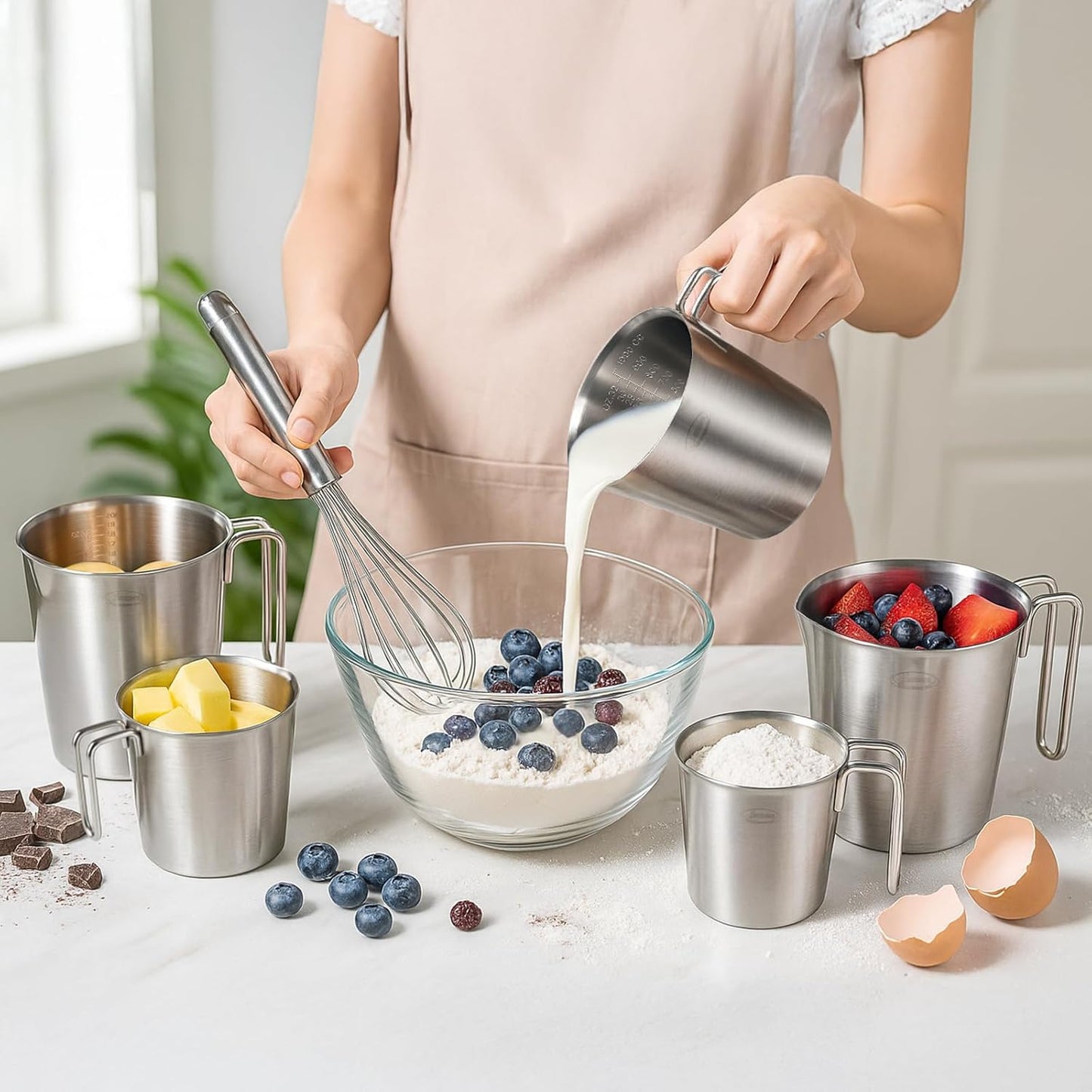 Newness Stainless Steel Measuring Cup, Metal Measuring Cup with Handle (Upgraded, 3 Marking Including Cup/ML/Ounce Scale), 16 Ounces (0.5 Liter, 2 Cup)