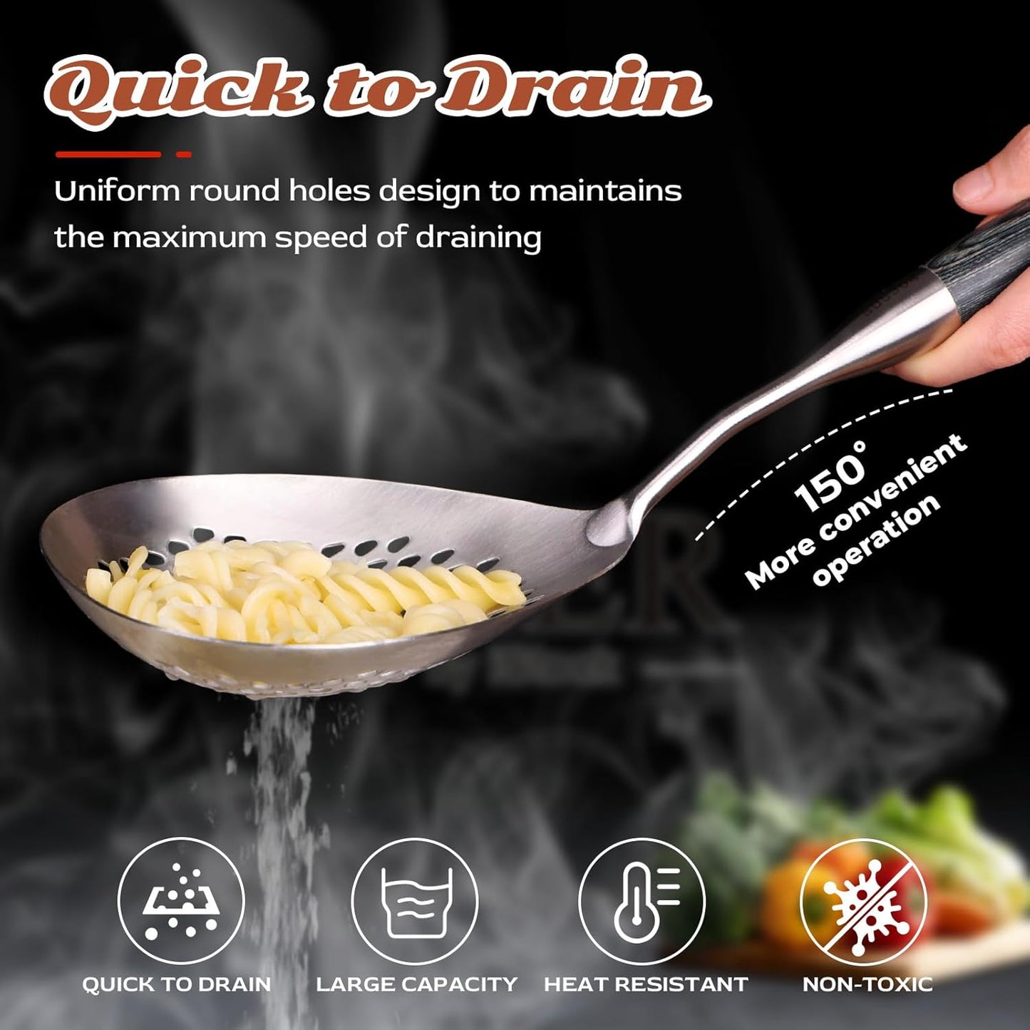 MARTE Skimmer Slotted Spoon Set of 4 - Kitchen Pasta Strainer Spoon - Spider Strainer Skimmer Ladle Spoon with Holder for Cooking and Frying Food, Spaghetti, Vegetable, Dumpling - 14.8In,16.5In,17In