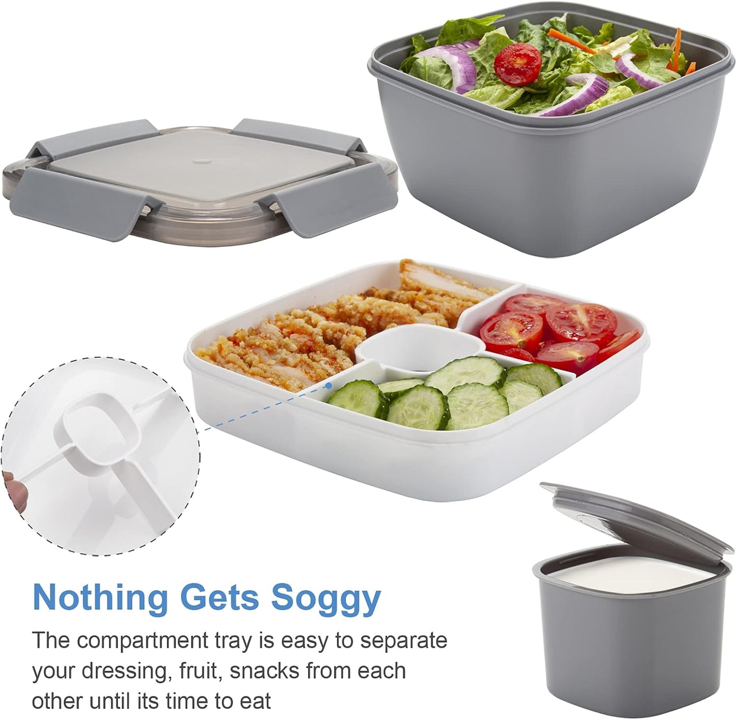Freshmage Salad Lunch Container To Go, 52-oz Salad Bowls with 3 Compartments, Salad Dressings Container for Salad Toppings, Snacks, Men, Women (Blue)