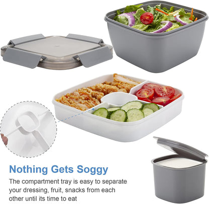 Freshmage Salad Lunch Container To Go, 52-oz Salad Bowls with 3 Compartments, Salad Dressings Container for Salad Toppings, Snacks, Men, Women (Blue)