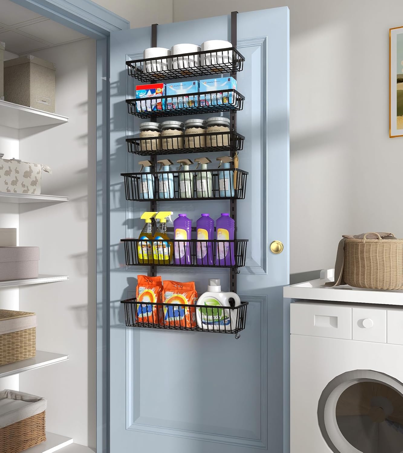 Mefirt White 9-Tier Over The Door Pantry Organizer, Pantry Organization and Storage, Deep Baskets Hanging Heavy-Duty Metal, Wall Spice Rack Seasoning Shelves for Home & Kitchen, Laundry Room Bathroom