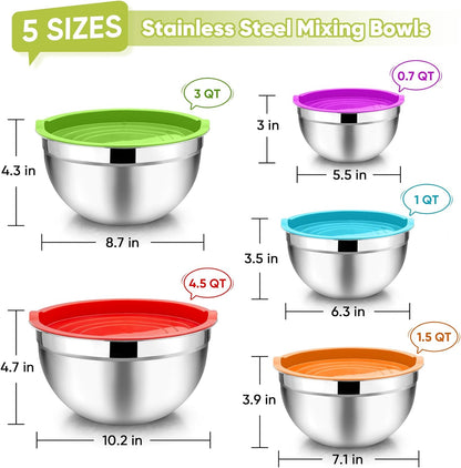 TeamFar Mixing Bowls with Lids, 5-Piece Stainless Steel Metal Nesting Salad Bowl for Mixing Prepping, Healthy & Heavy Duty, Airtight Lids & Dishwasher Safe, 4.5/3/1.5/1/0.7 QT-Khaki