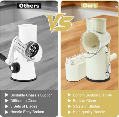 5 in 1 Cheese Grater with Rotary Hand Crank - Vegetable Chopper with Replaceable Stainless Blades, Strong Suction Base, Handle, Blade Storage Box, Easy-Clean Multipurpose Kitchen Slicer (Green)