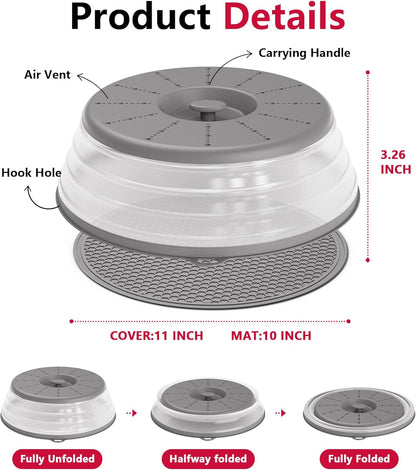 WVM Microwave Splatter Cover Vented for Food with Hook Hole, Splatter Guard & Colander Kitchen Gadget for Food, Meal Prep, Grey