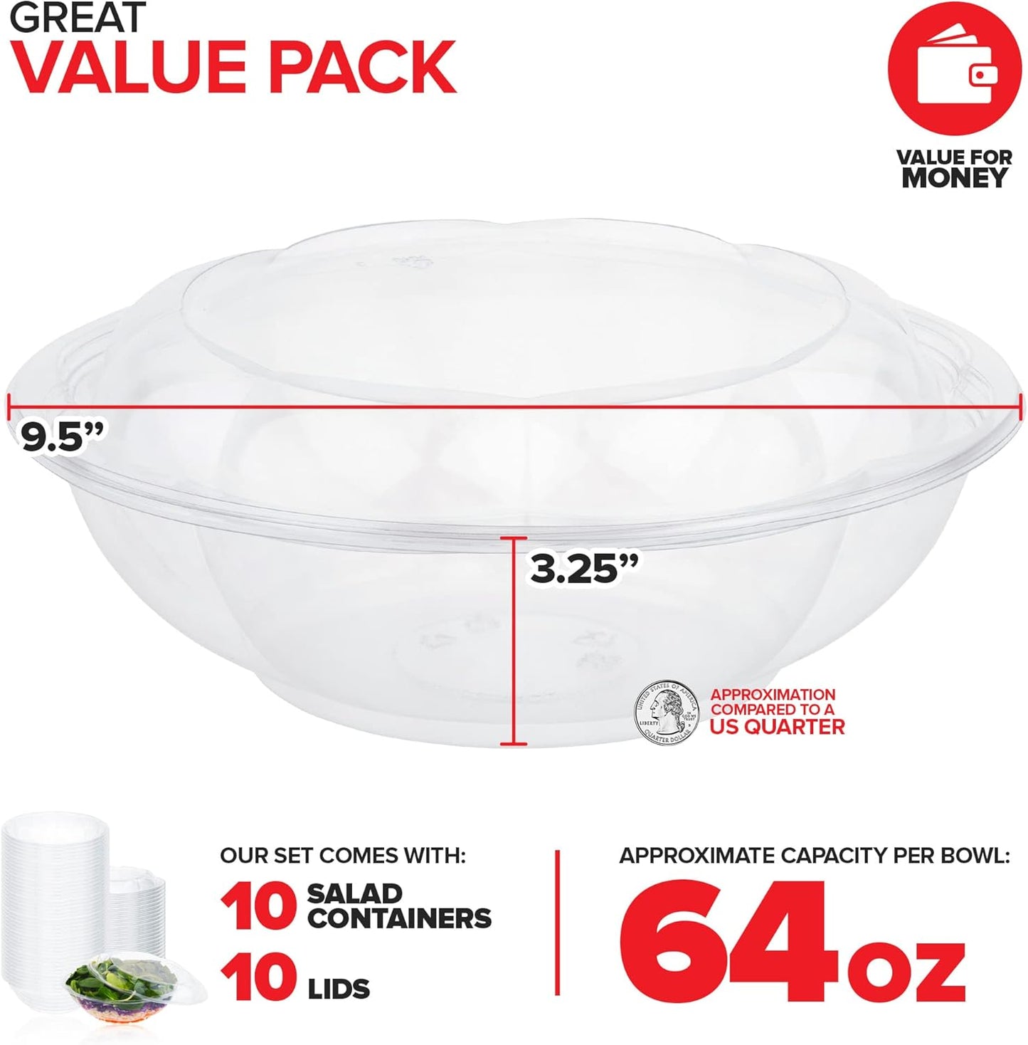 Stock Your Home 32oz Clear Plastic Salad Bowls with Lids Disposable (50 Pack) Medium Takeout Container with Snap on Lid for Fruit Salads, Quinoa, Lunch and Meal Prep, Acai Bowl, To-Go Party Containers