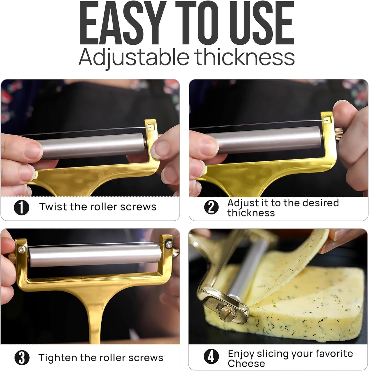 Zulay Kitchen Stainless Steel Wire Cheese Slicer - Adjustable Hand Held Cheese Cutter with 2 Extra Wires - Premium Cheese Shaver For Mozzarella, Cheddar, Gruyere - Cheese Cutter with Wire (Gunmetal)