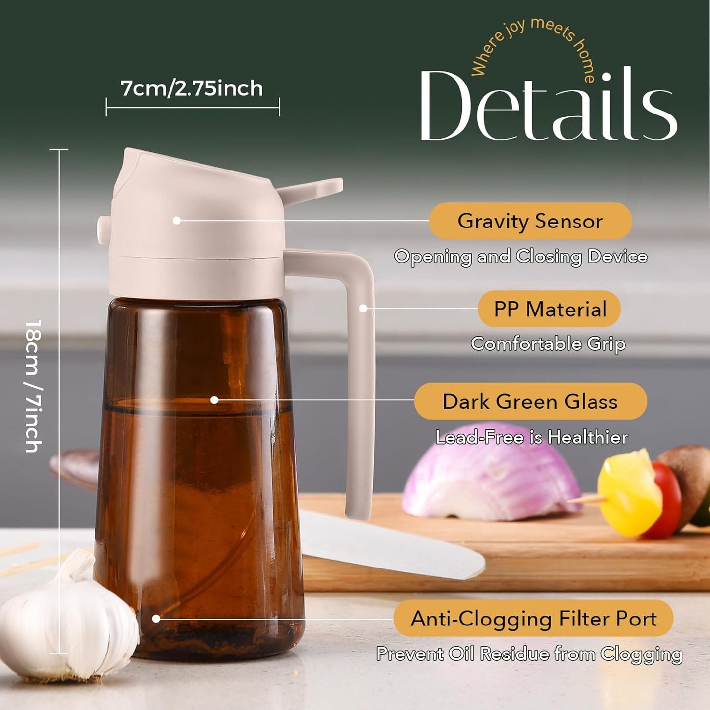 YARRAMATE 16oz/470ml Light Blocking Oil Sprayer for Cooking with Stickers, Food-Grade 2 in 1 Olive Oil Dispenser Bottle for Kitchen, Premium Dark Amber Glass Oil Bottle for Air Fryer, BBQ (Black)