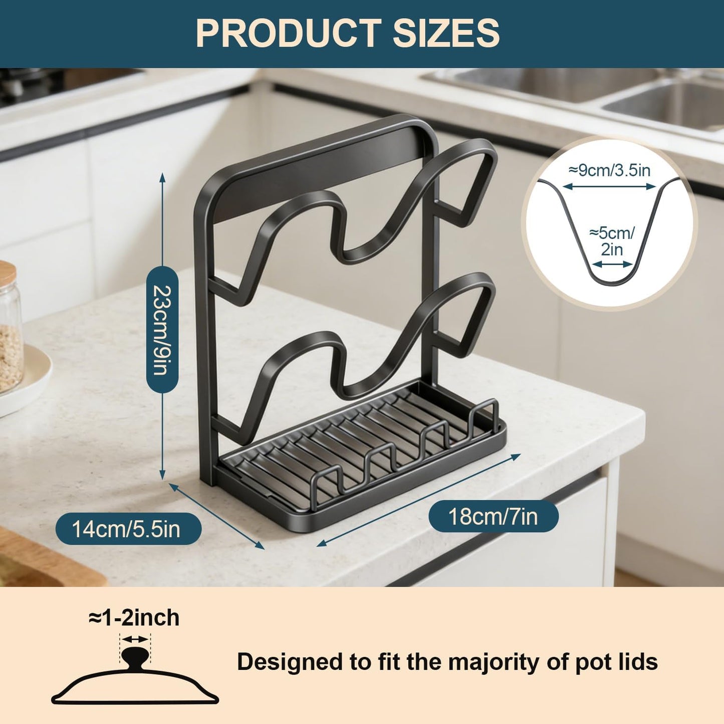 Kitchen Pot Lid Storage Rack: Carbon Steel Double Layer Pot Lid Organizer with Tray, Multifunctional Pot Lid Holder While Cooking, Saving Space Organizer Storage for Kitchen Countertop (Black)