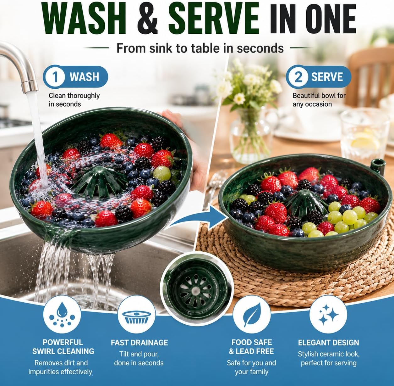 Self Spinning Berry Washing Bowl with Drain Holes, Berry Rinse Bowl & Fruit Wash Bowl for Strawberries, Blueberries and Grapes, Glossy Ceramic-Look PLA Berry Washer, Colander Bowl for Kitchen