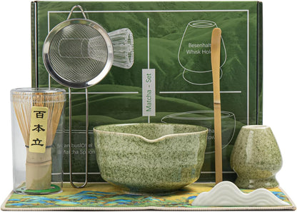 Matcha Set, Matcha Whisk Set Includes Matcha Bowl and Whisk, Whisk Holder, Sifter, Scoop, Spoon Holder, Tea Towel- 7pcs Perfect Matcha Kit for Matcha Tea Ceremony