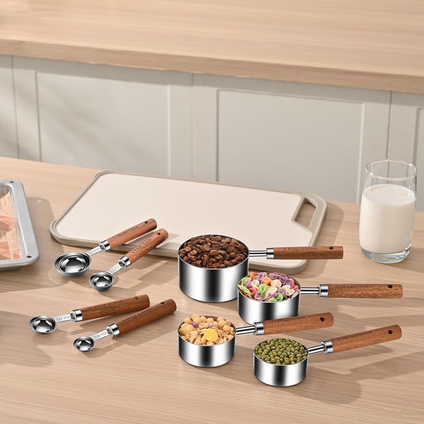 Wooden Handle Measuring Cups & Spoons Set 8-Piece – Stainless Steel, Stackable, Rustic Farmhouse Kitchen Gadgets, Non-Toxic, Dishwasher Safe, Gift for Bakers & New Homeowners