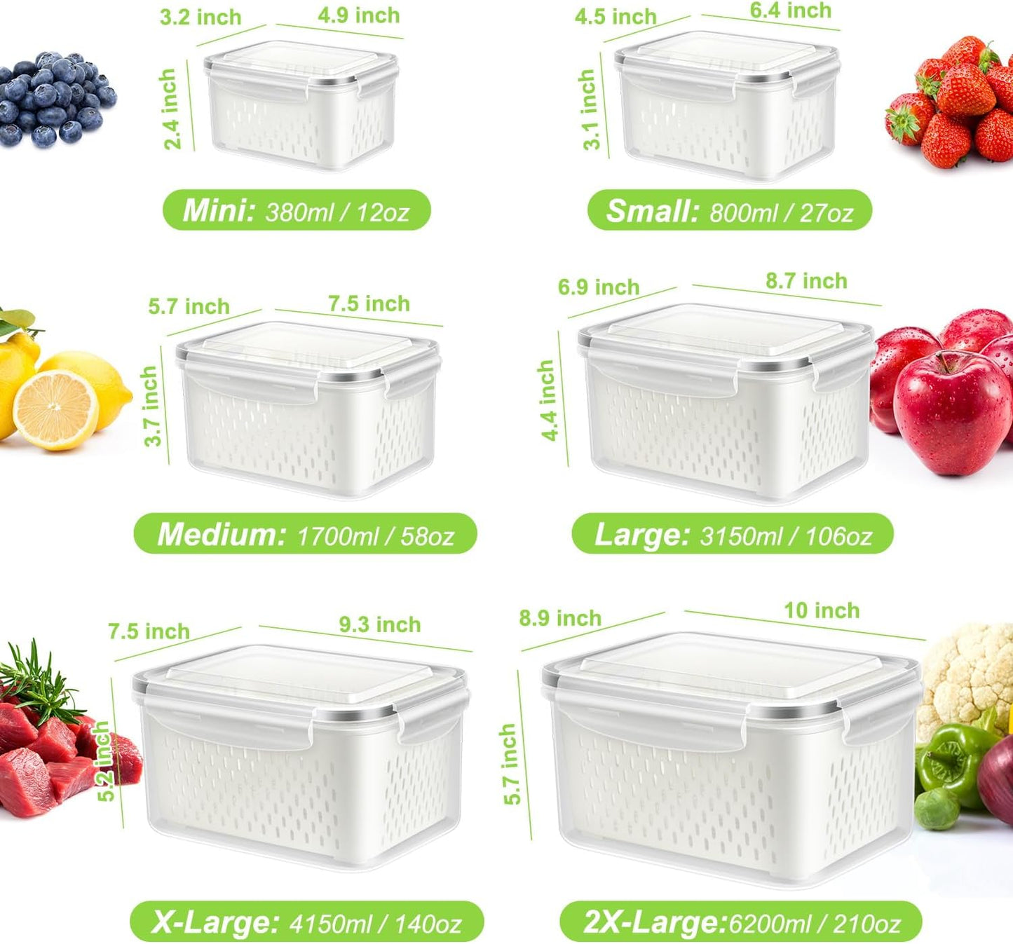 12 Pieces Fruit Storage Containers For Fridge, 6 Pack BPA-Free Fresh Food Containers with Removable Colanders and Airtight Lids, Fresh for Fruit Berry Produce Vegetable, Dishwasher & Microwave Safe