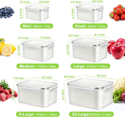 12 Pieces Fruit Storage Containers For Fridge, 6 Pack BPA-Free Fresh Food Containers with Removable Colanders and Airtight Lids, Fresh for Fruit Berry Produce Vegetable, Dishwasher & Microwave Safe