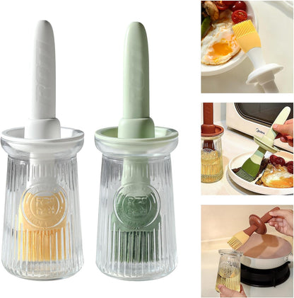 Oil Dispenser with Brush - Glass Olive Oil Dispenser for Kitchen, 3 IN 1 Oil Dispenser Bottle with Silicone Basting Brush for Cooking Vinegar Sauce BBQ Grill Frying (Green)