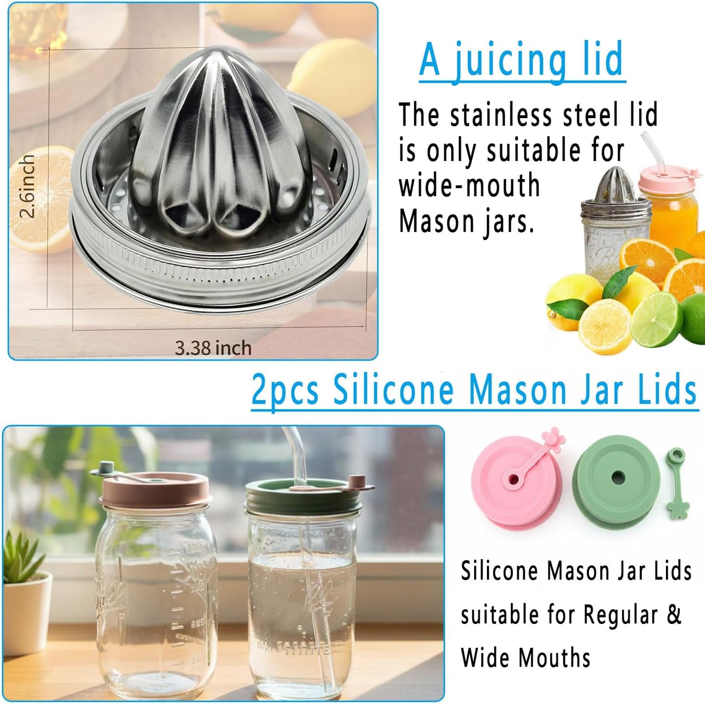 2Pcs Stainless Steel Mason Jar Juicer Lid for 3.38 Inch Wide Mouth Mason Jar, Hand Squeezer Top for Citrus Lemon Orange Manual Citrus Juicer