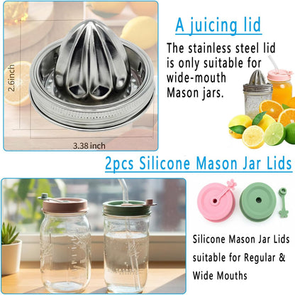2Pcs Stainless Steel Mason Jar Juicer Lid for 3.38 Inch Wide Mouth Mason Jar, Hand Squeezer Top for Citrus Lemon Orange Manual Citrus Juicer