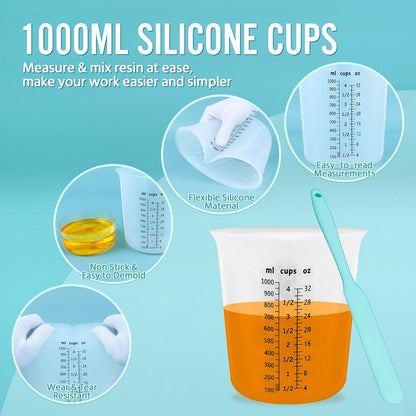 Silicone Resin Mixing Measuring Cups for Resin Supplies, Easy-to-read Marks, 600ml/20oz Bowl, 250&100ml Thickened Reusable Silicone Cups for Epoxy Mixing, with Stir Sticks, Jewelry Making