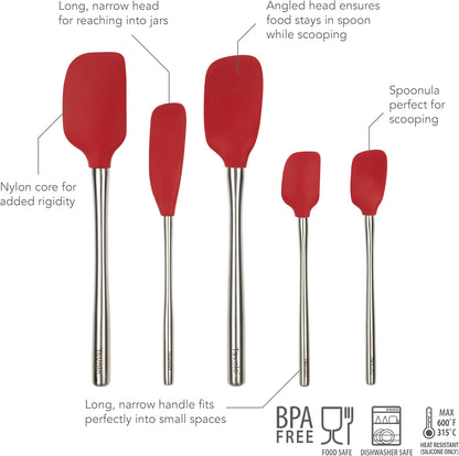 Tovolo Stainless Steel Handled Silicone Spatula Set of 5 White, Dishwasher Safe Kitchen Spatula Set for Cooking Baking, Non Toxic BPA Free Silicone Spatula set with Metal Steel Handle