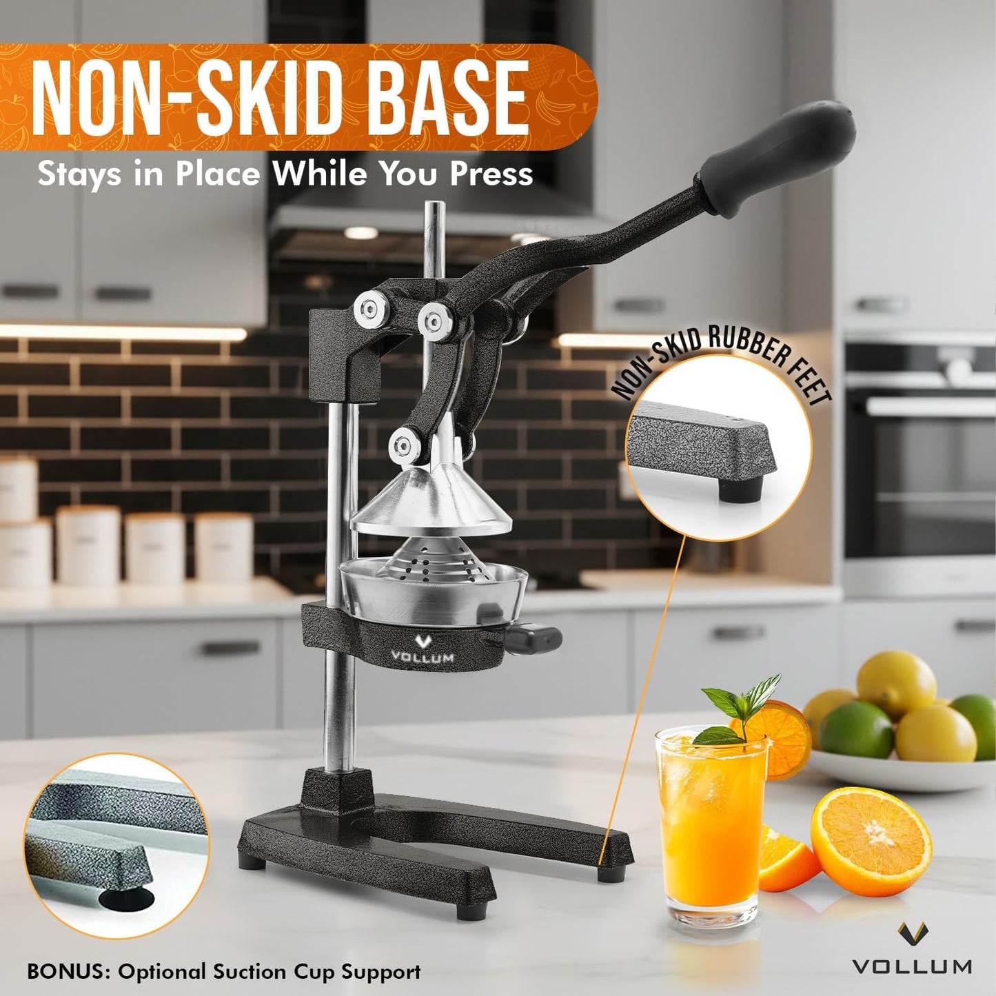 Vollum Hand Press Manual Citrus Juicer - citrus squeezer Commercial Grade Home Orange juice Squeezer for Oranges, Lemons, Limes - Stainless Steel and Cast Iron Non-skid Suction Cup Base- 15 Inch, Gray