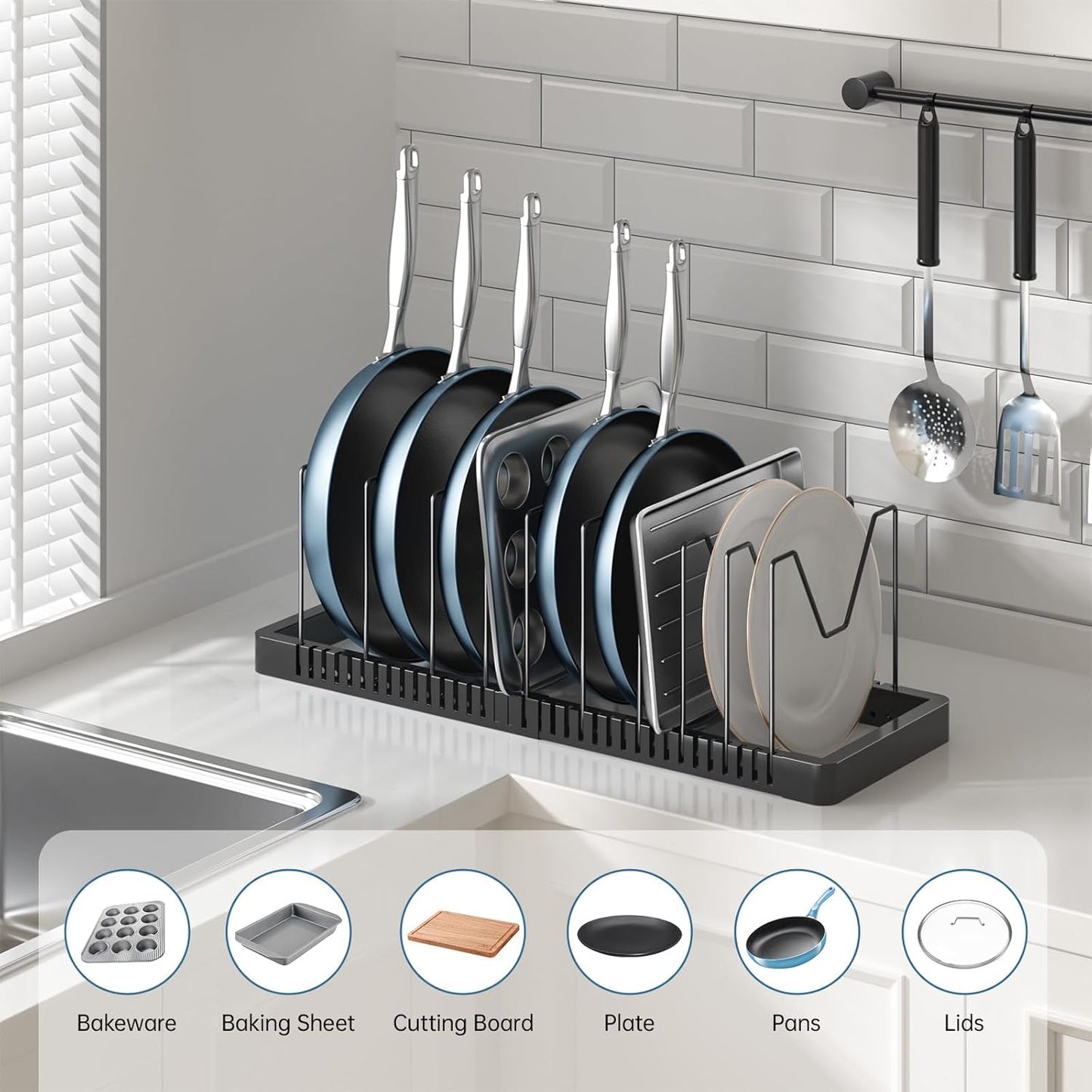 PanPanPal Pots and Pans Organizer under Cabinet, Expandable Pot Lid Organizer Holder with 10 Adjustable Compartment, Pan Organizers inside Cabinet for Lids, Bakeware, Kitchen Storage Pot Rack, Black