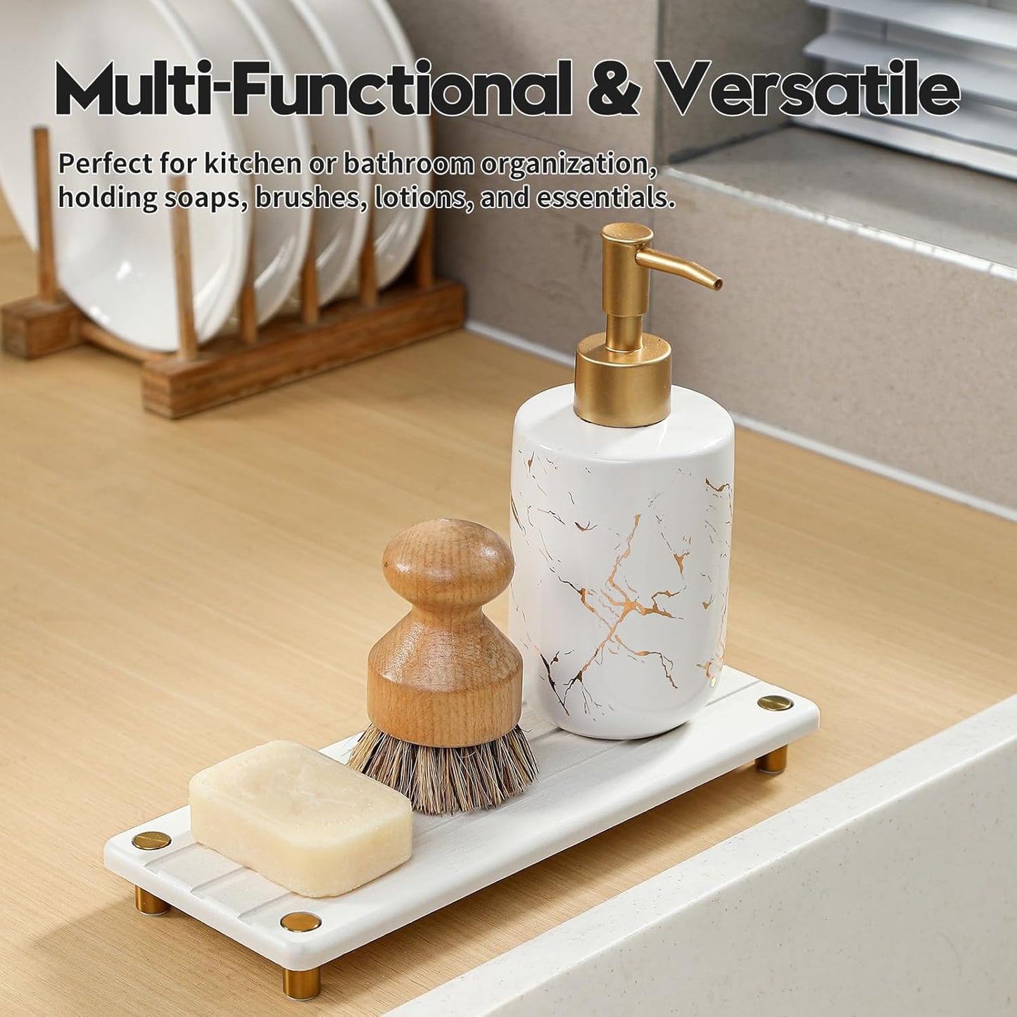 Sink Caddy Kitchen Sink Organizer, Water Absorbing Stone Tray for Sink,Diatomite Bathroom Counter Tray,Faucet Drying Mat Protector Coaster Soap Dish Rack Riser Vanity Dispenser Sponge Holder,10" x 4"
