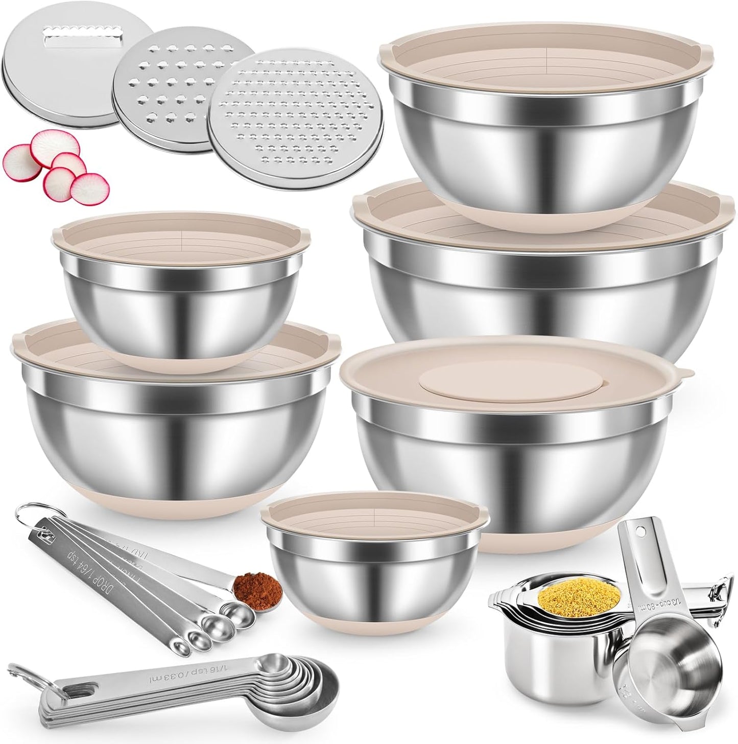 31PCS Mixing Bowls with Lids Set, 5.5QT to 0.6QT Stainless Steel Nesting Bowls with Graters, Large Khaki Bowls & 21 Measuring Cups and Spoons Set Kitchen Appliances for Mixing, Baking, Food Storage