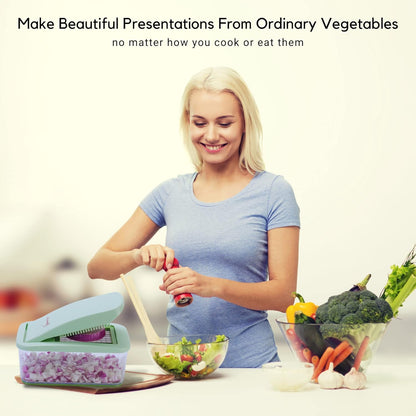 Brieftons QuickPush Food Chopper: Vegetable Dicer Slicer, Onion Cutter, 3 Extra-Large Blades with 200% More Cutting Area to Chop Dice Slice Vegetables, 2.6-Quart Container