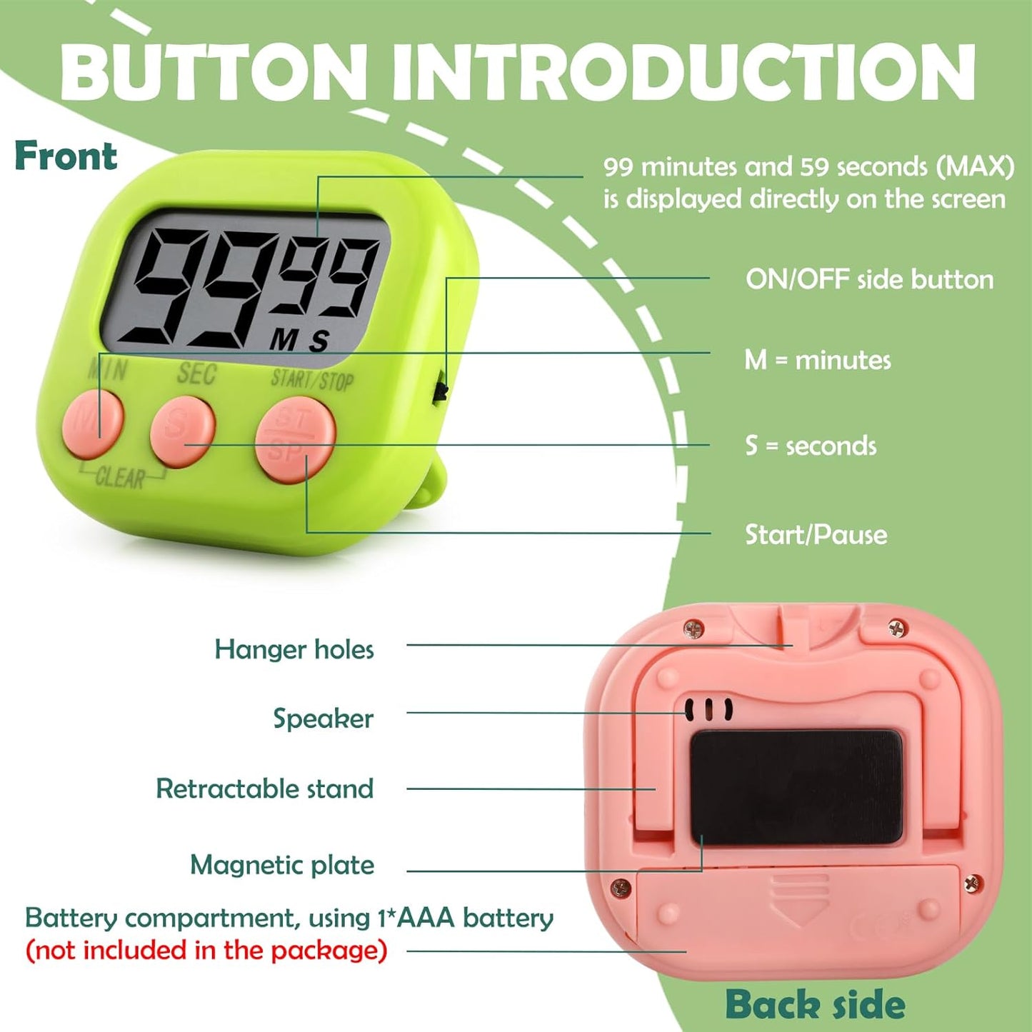 GeeRic Kitchen Timers 4 Pack, Electronic Timers with Loud Alarm for Cooking, Magnetic Digital Timers Big LCD Display Blue Green Pink White (No Battery Included)