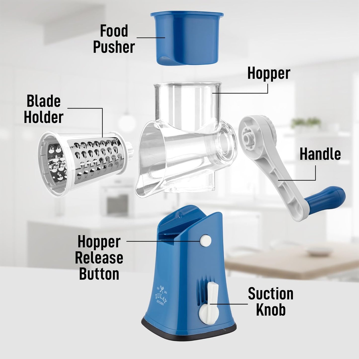 Zulay Kitchen Rotary Cheese Grater 5 Blade Cheese Shredder - Manual Hand Crank Cheese Grater With Reinforced Suction & 5 Interchangeable Drums - Easy to Use, Vegetable Chopper Round Mandoline Slicer - Colors B
