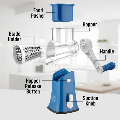 Zulay Kitchen Rotary Cheese Grater 5 Blade Cheese Shredder - Manual Hand Crank Cheese Grater With Reinforced Suction & 5 Interchangeable Drums - Easy to Use, Vegetable Chopper Round Mandoline Slicer - Colors B