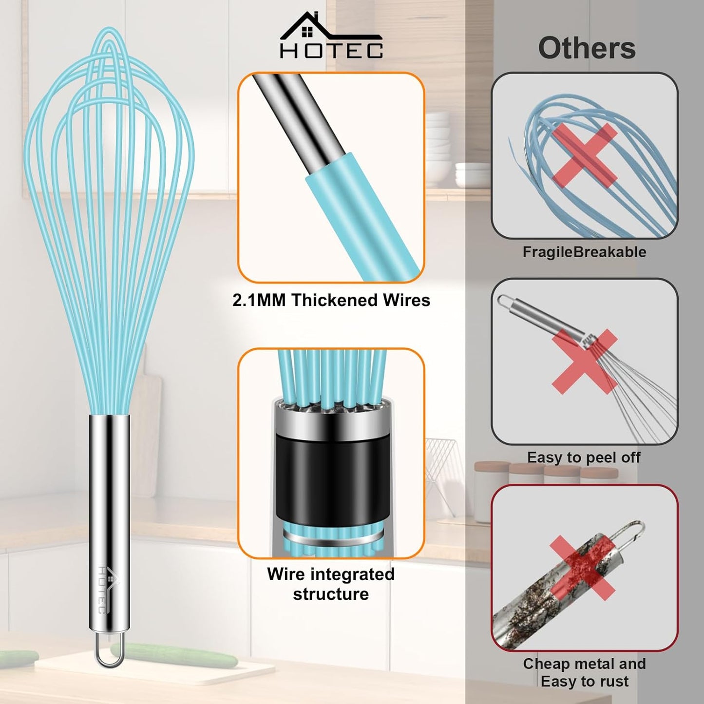 HOTEC 4 Pieces Silicone Whisks Set, Wire Balloon Whisks for cooking Egg Beater, Non-slip Handle Whisk for Non-stick Cookware Perfect for Cooking, Stirring, Beating and Blending (Multicolor)