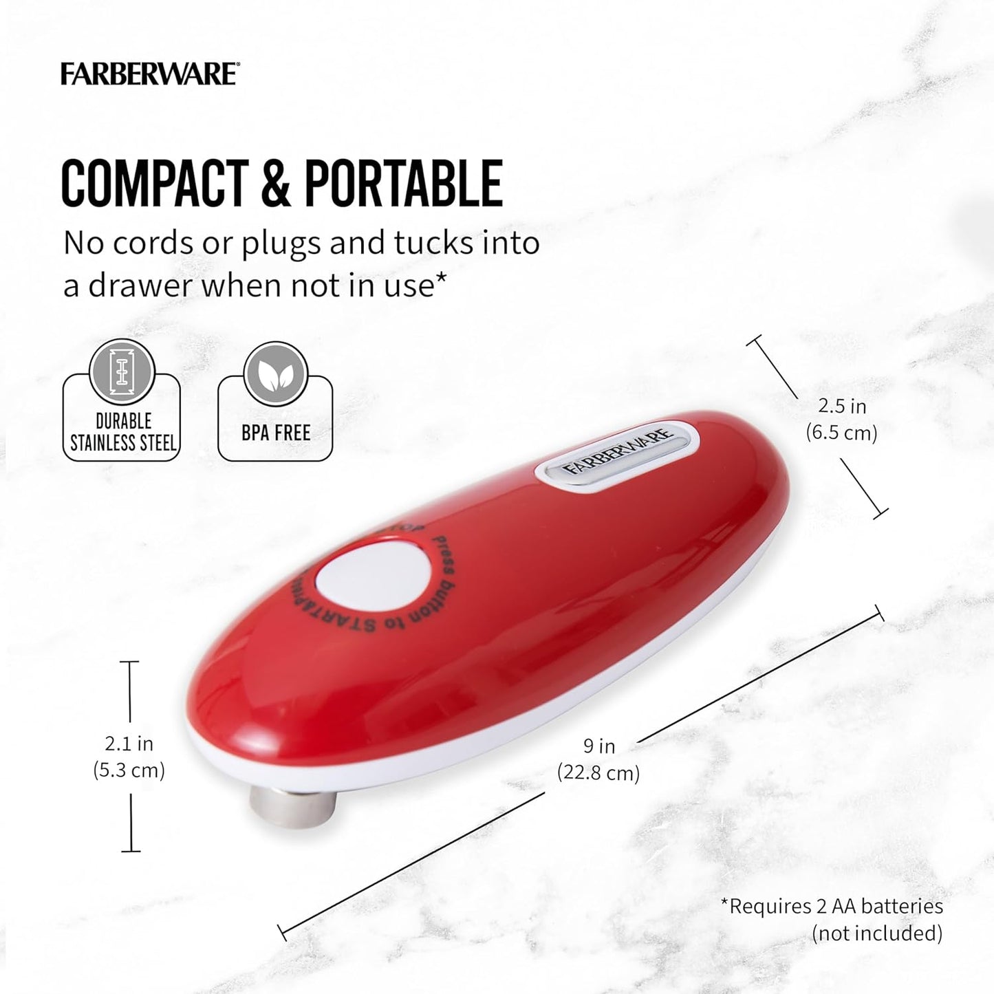 Farberware Compact Battery Operated Hands-Free Automatic Can Opener for any Size Can with Magnet to Safely Remove Lid, Seamless Opening Decreases Sharp Edges for Easily and Safely Opening Cans, Aqua