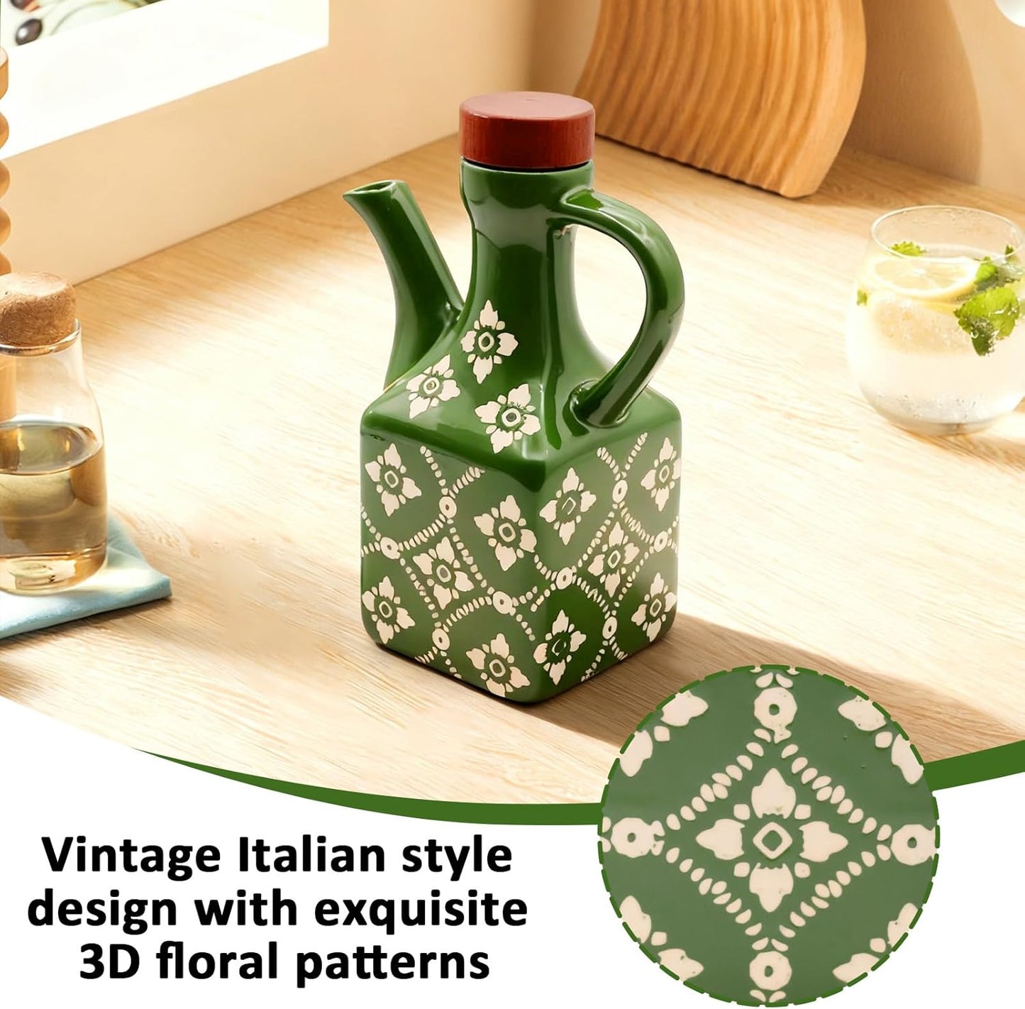 Olive Oil Dispenser Bottle Ceramic，8.5 Oz Decoration Oil Dispenser for Kitchen，Leakproof Oil And Vinegar Container with Handle，Italian Cooking Oil Cruet，Easy Pour (Blue)