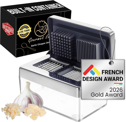 Garlic Press Stainless Steel, Garlic Chopper Mini & Slicer Super Thin 2 in 1, Odor Free Ginger Dicer With Storage Container, Dishwasher Safe Mini Chopper, Premium Mincer with 5-Year warranty