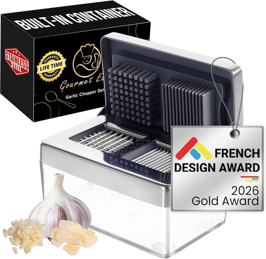 Garlic Press Stainless Steel, Garlic Chopper Mini & Slicer Super Thin 2 in 1, Odor Free Ginger Dicer With Storage Container, Dishwasher Safe Mini Chopper, Premium Mincer with 5-Year warranty