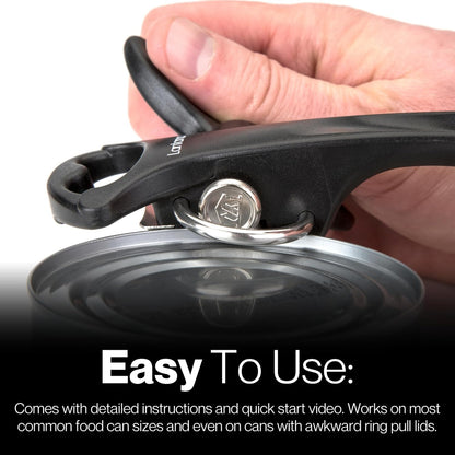 Lantana Smooth Edge Can Opener with Bottle Cap Lifter - Hand Held Manual Safety Tin Opener - Black/Stainless Steel