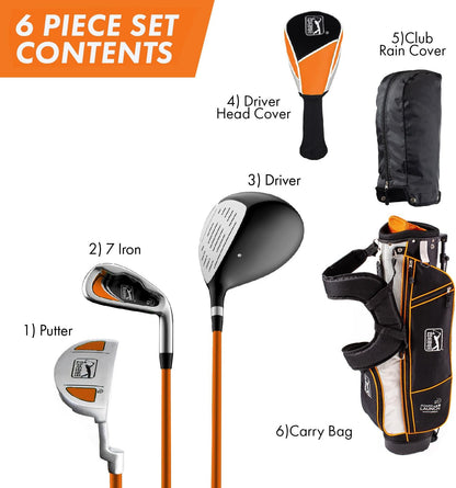 PGA Tour Youth Golf Club Set for Ages 8-12 & 12+ (4’8”–5’10”), Right and Left-Handed Kids Golf Sets – Beginner Junior Golf Clubs with Lightweight Stand Bag, Mallet Putter, Hybrid, Driver