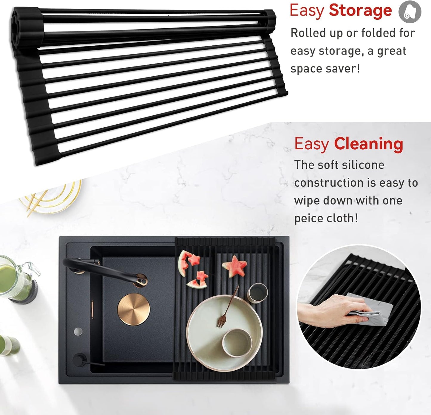 MERRYBOX Roll Up Over The Sink Dish Drying Rack Silicone Wrapped Foldable, Heat-Resistant, Anti-Slip Sink Rack Multipurpose Dish Drainer for Kitchen Sink Counter - White, 17.5" x 11"